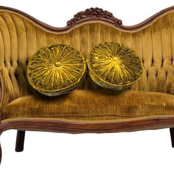 Set of Vintage Round Gathered Crush Velvet floral Cushions Chic Filled Luxury! - Picture 1 of 16